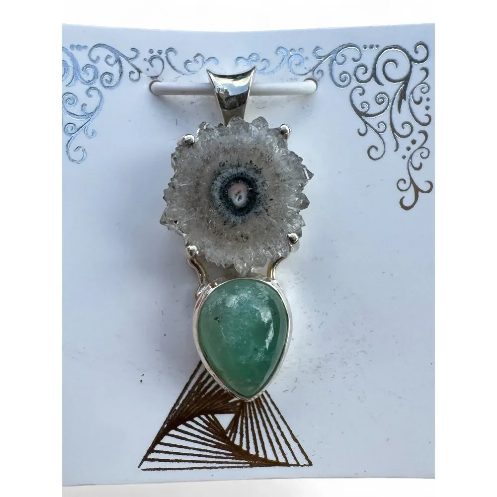 Quartz Stalactite & Amazonite Solid 925 Sterling Silver Pendant